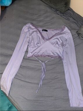 SHEIN Lavender Lace-Trim Wrap Crop Top